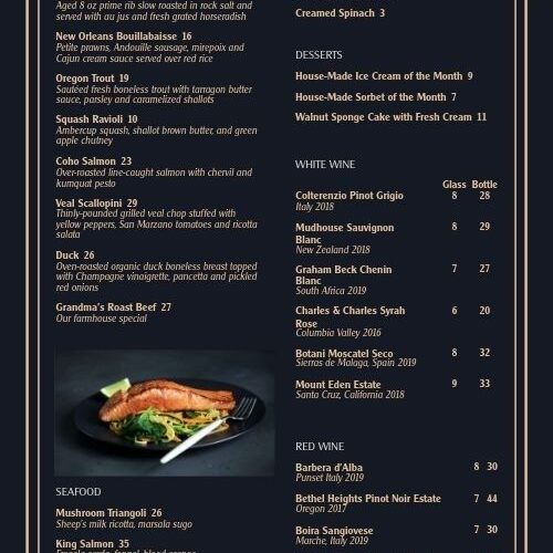 Donker restaurantmenu met gerechten, prijzen, wijnrubrieken en hamburgerfoto