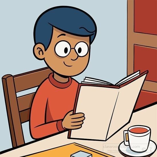 Jongen leest een menukaart aan tafel met een kop thee ernaast